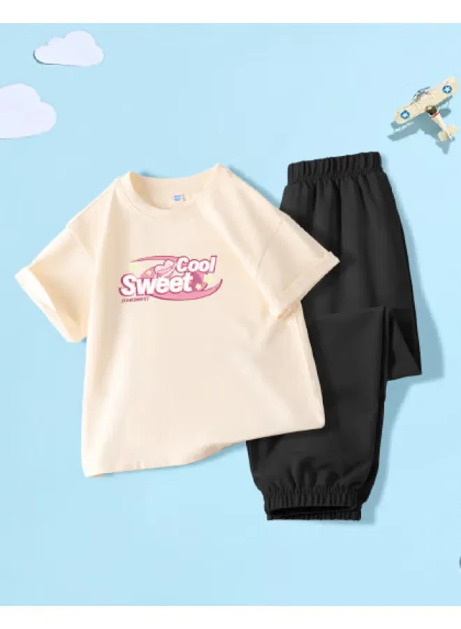 Комплект с коротким рукавом из хлопка с брюками Girls Outfit Summer 2025 Jeanswest, абрикосовый