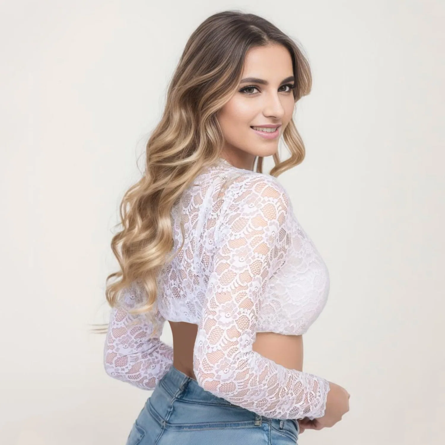 Женская блузка с высоким воротником и полупрозрачным кружевом Dirndl Lace Blouse, a05 white — фото 4