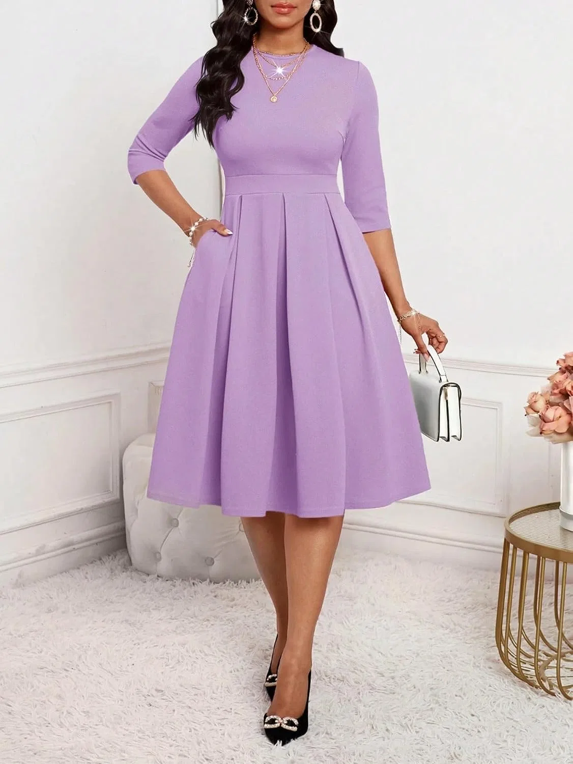 Женское коктейльное платье A-силуэта с карманами Generic, Lilac Purple — фото 2