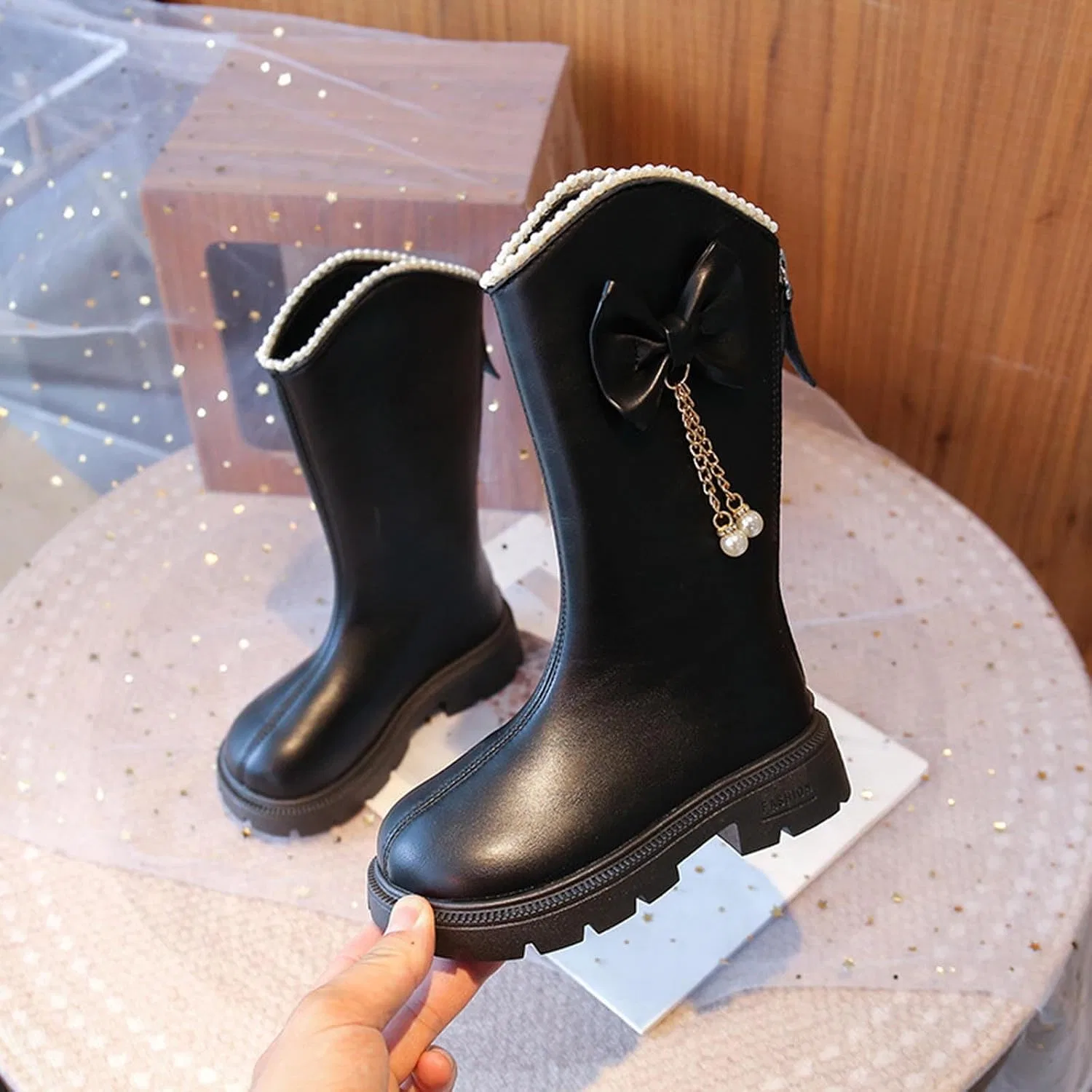 Детские сапоги для девочек с жемчугом Riding Boots Zzalalana, Black — фото 3
