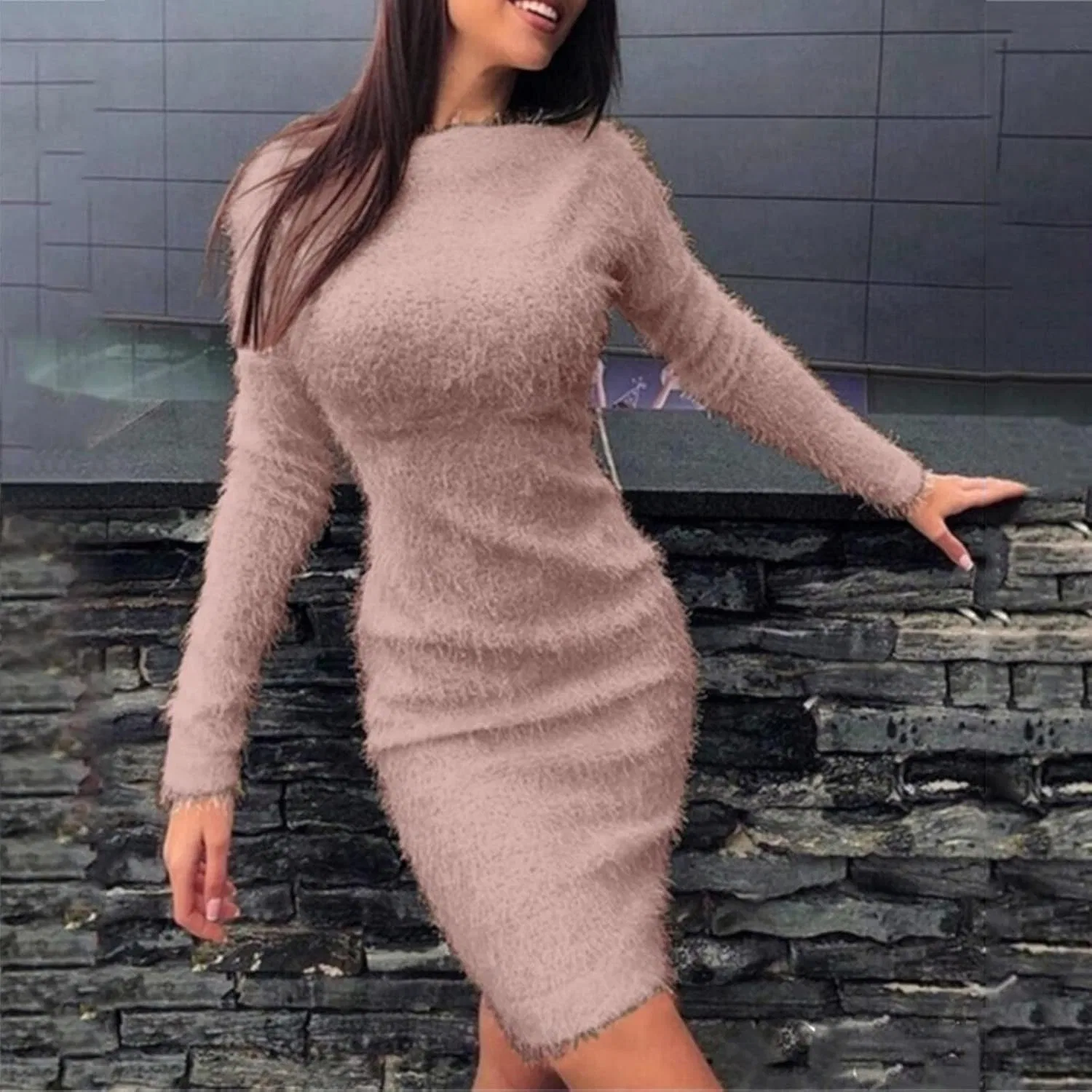 Женское вязаное платье свитер облегающее Casual, Khaki — фото 2
