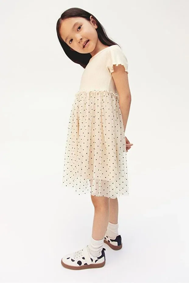 Детское платье для девочек с коротким рукавом Ribbed Cotton Tulle Skirt Detailed Lined Girl's Summer Dress Pink Hippo Kids, Nude Color