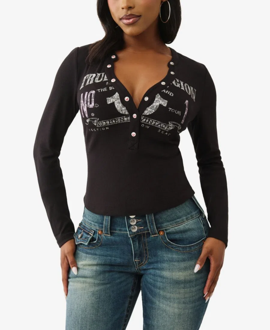 Женская футболка-поло с длинным рукавом и принтом True Religion, Jet Black