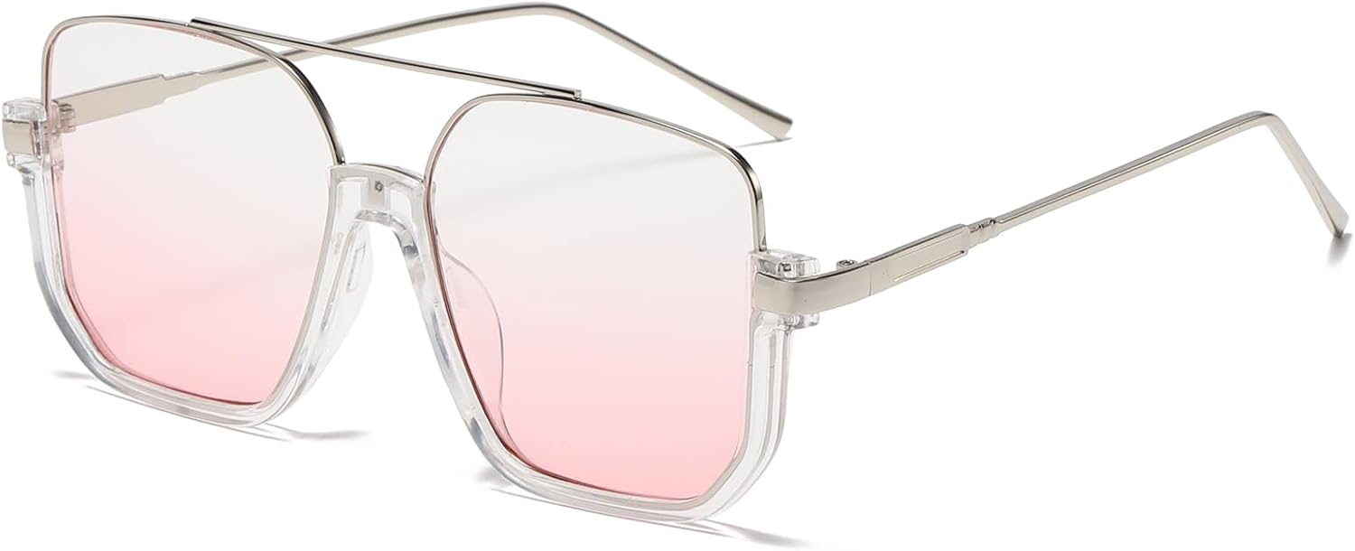 

Солнцезащитные очки Long Keeper Retro Oversize Pilot для женщин и мужчин, квадратные, в авиационном стиле, полуободковые, модные, в стиле 70-х, Silver Clear Frame - Gradient Pink Lens