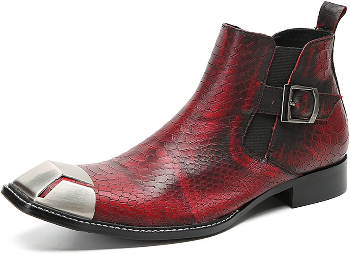 

Мужские ботинки Santimon Chelsea, повседневные, для вечеринок, из кожи, с металлическим квадратным носком, слипоны в ковбойском стиле, модные западные ботинки с пряжками, на щиколотку, бордовый