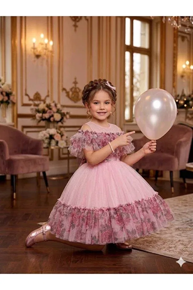 Детское платье для девочек с принтом Rose Printed Ruffle Dress Luiva Kids, Pink — фото 3