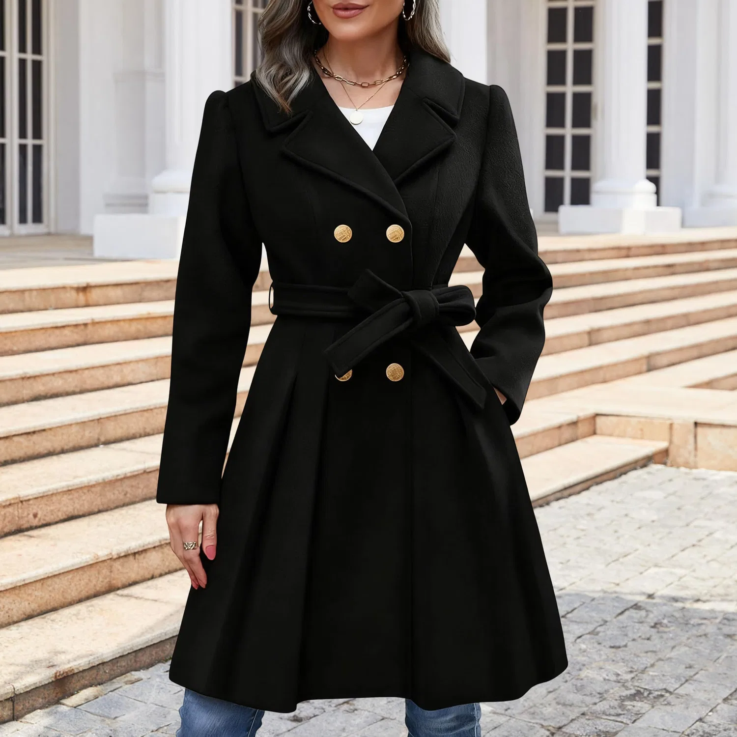 Женское пальто с поясом, двубортное, модель Thick Line Jacket, Nero — фото 2