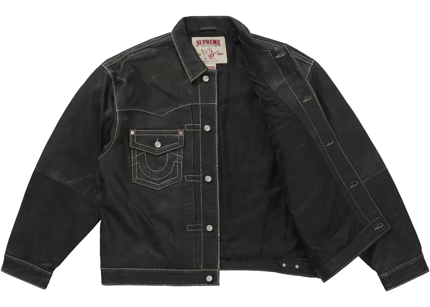 Мужская кожаная куртка-тракер с принтом Supreme True Religion, Black — фото 2