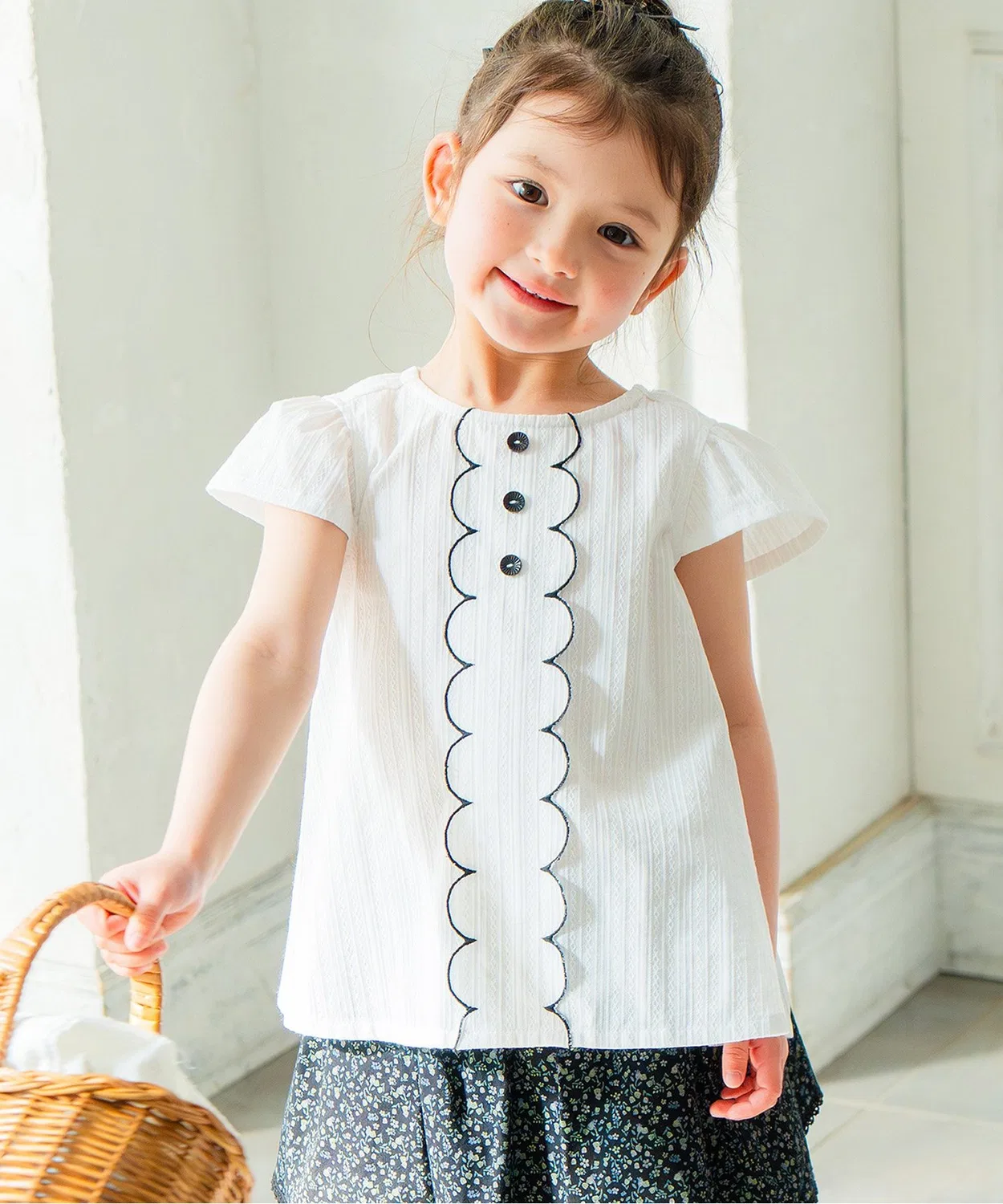 Детская блузка с кружевом, с коротким рукавом, Scallop Boribon, Off White
