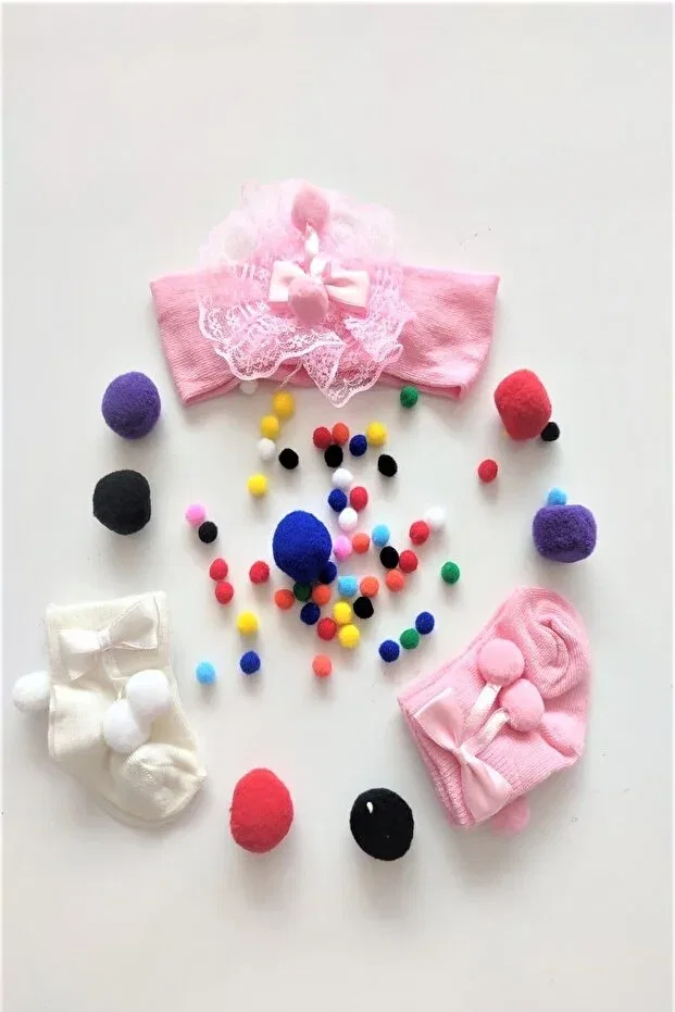 Детские носки для девочек кружевные набор с повязкой Nazlı baby Dubi Baby, Pink-Cream