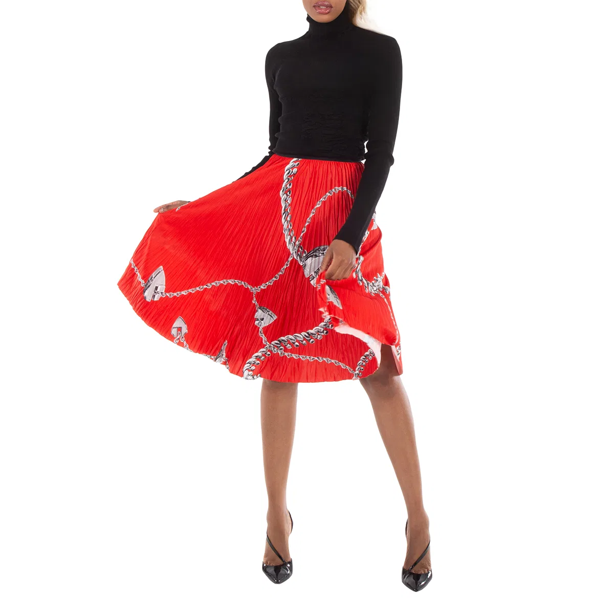 Юбка миди из джерси с принтом Shield Hardware Jersey Midi Skirt Burberry, Silver/Red — фото 3