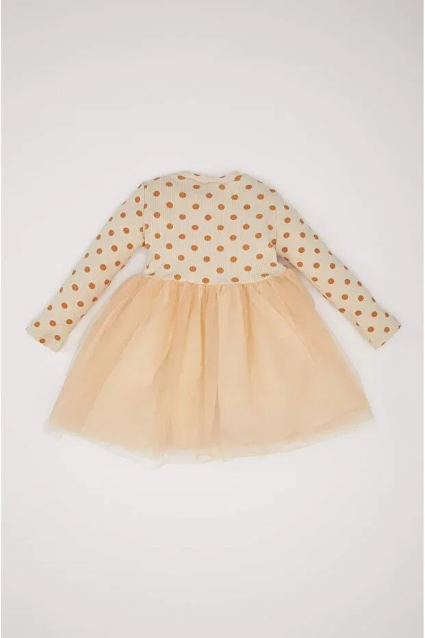 Детское платье для девочек с принтом Floral Long Sleeve Tulle Dress Defacto, Beige-Bg360 — фото 4