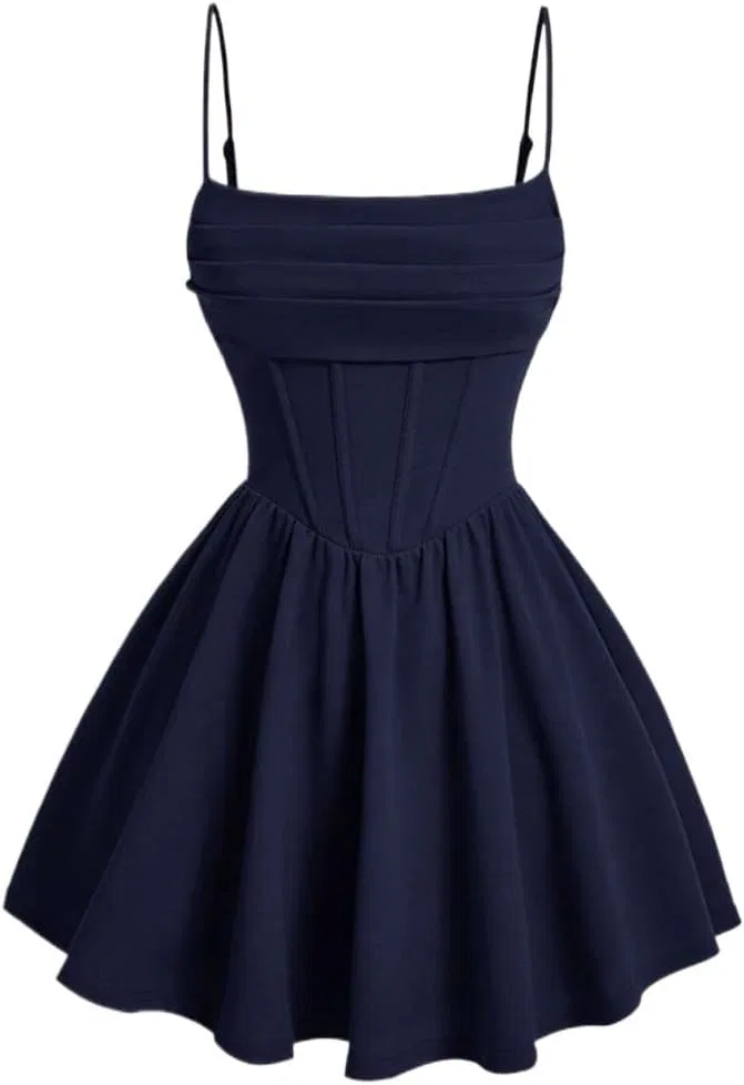 Женское мини-платье на бретелях клеш XEXZLCZAR, Navy Blue