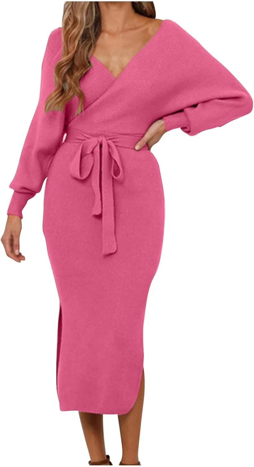 Женское вязаное платье-свитер с воротником-стойкой Bodycon, Hot Pink