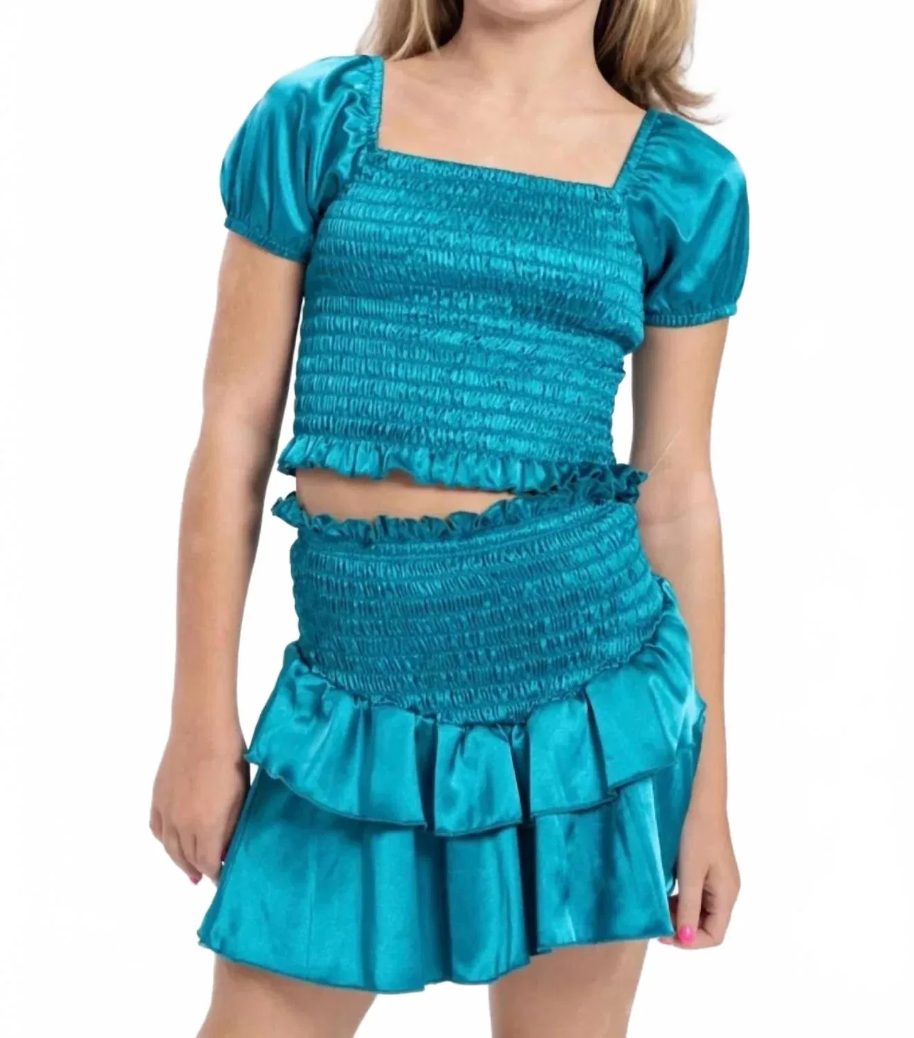 Детская блузка для девочек с коротким рукавом и оборками Amber Smocked Cheryl Creations, Turquoise Blue