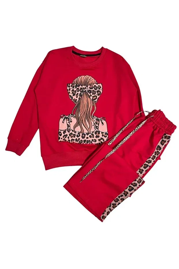 Детский спортивный комплект для девочек с принтом Girl'S cotton fabric red color leopard buckle patterned long sleeve winter tracksuit set Fil Kids, Red — фото 4