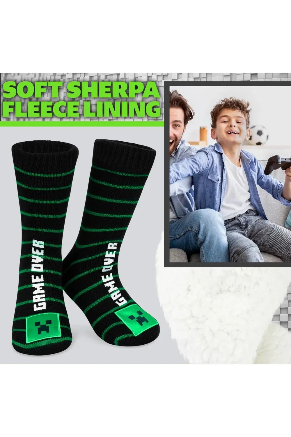 Детские тапочки-носки с нескользящей подошвой из флиса Creeper Minecraft, Black — фото 3