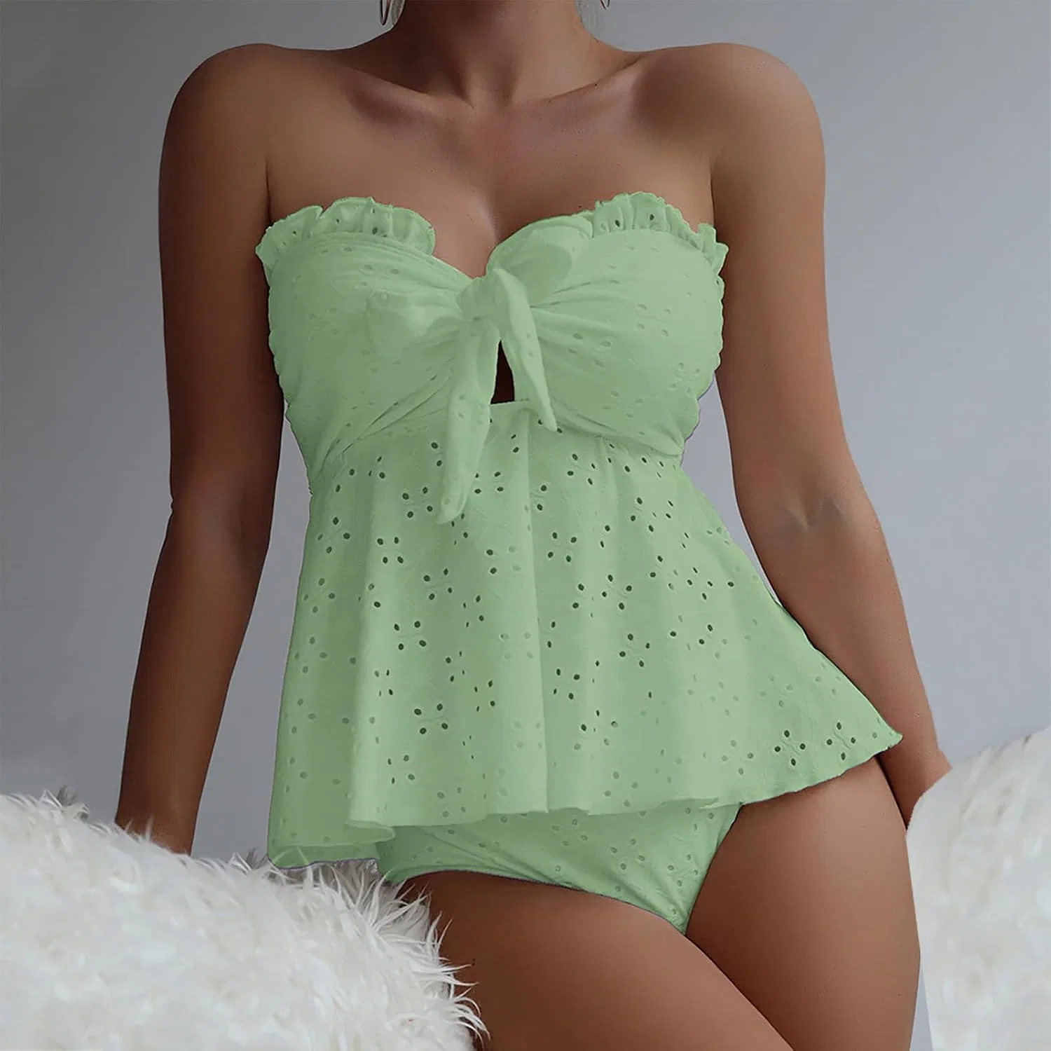 Женский танкини-комплект с рюшами, бандо, Off Shoulder, Green — фото 2