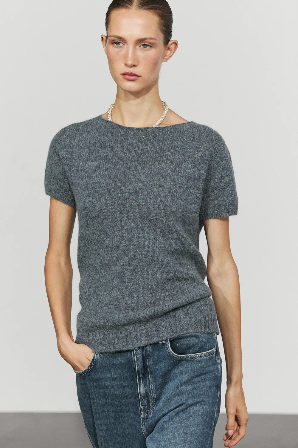 Свитер Massimo Dutti Short Sleeve Alpaca Blend Knit, серо-голубой