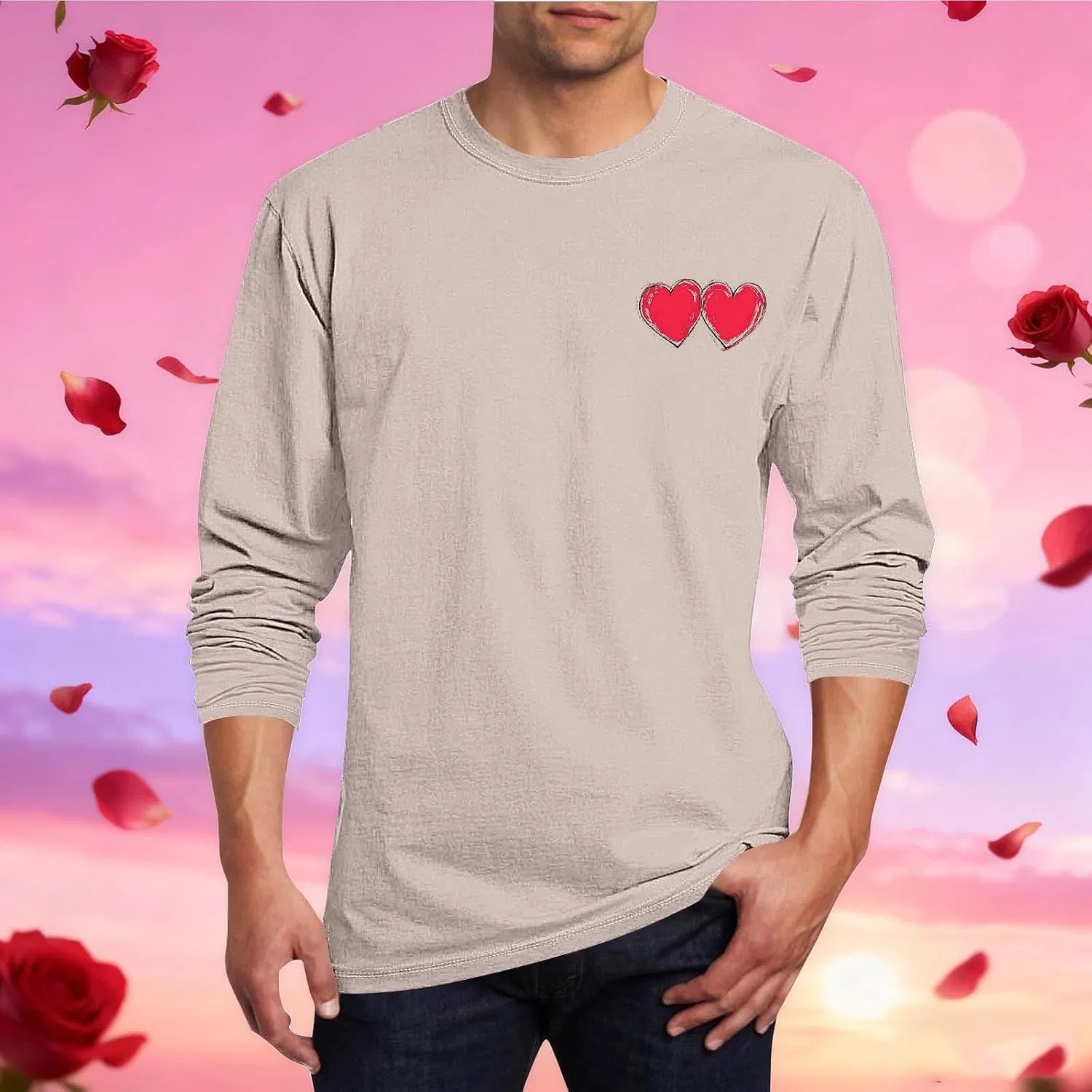 Мужская футболка оверсайз с принтом сердец, Valentine, Beige — фото 2