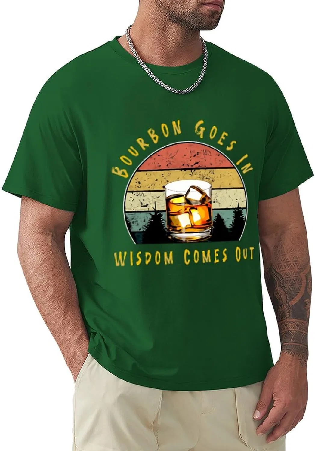 Мужская классическая футболка с принтом Bourbon Goes in Wisdom Comes Out, Green