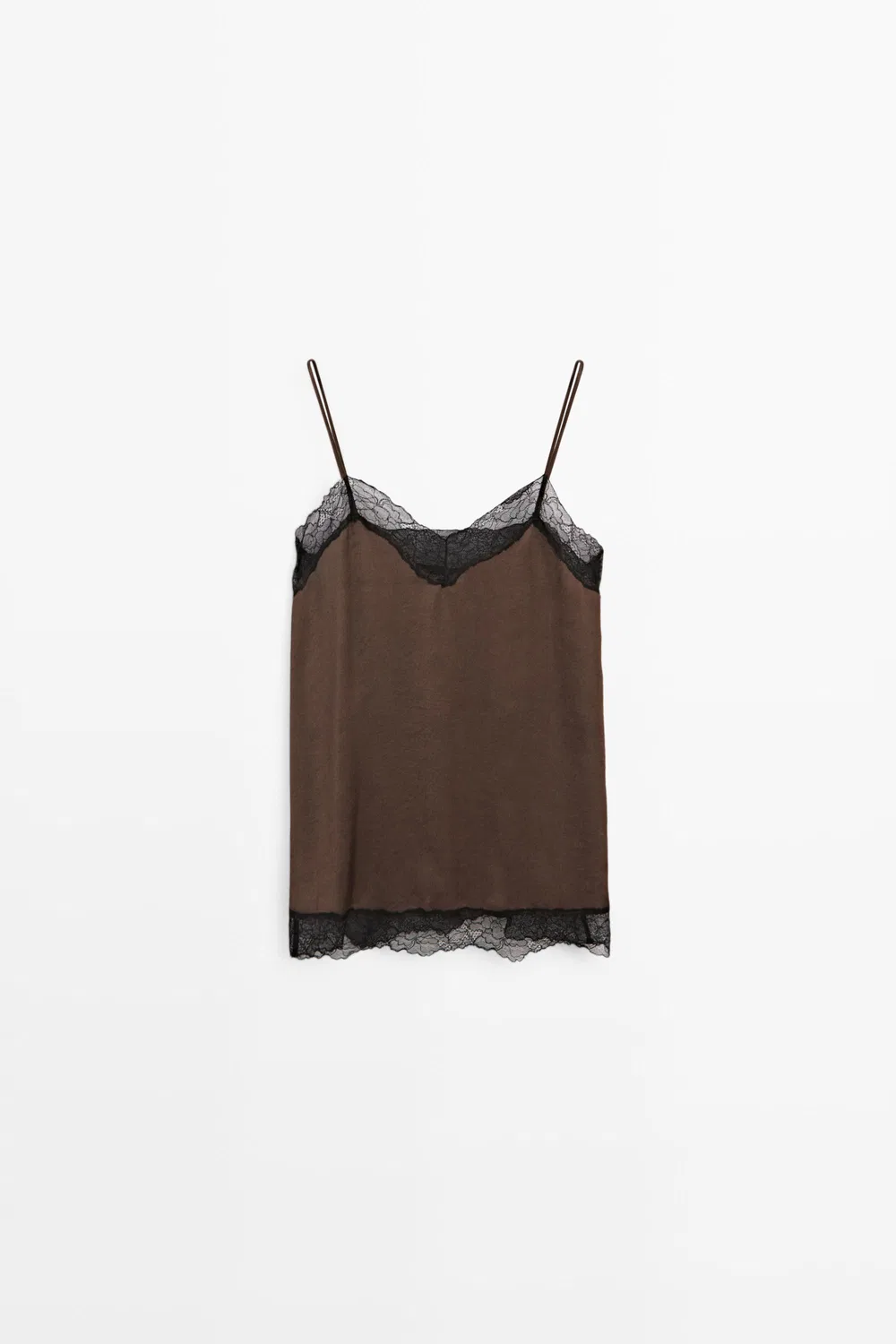 Топ-камисоль Massimo Dutti Contrast lace, коричневый — фото 2