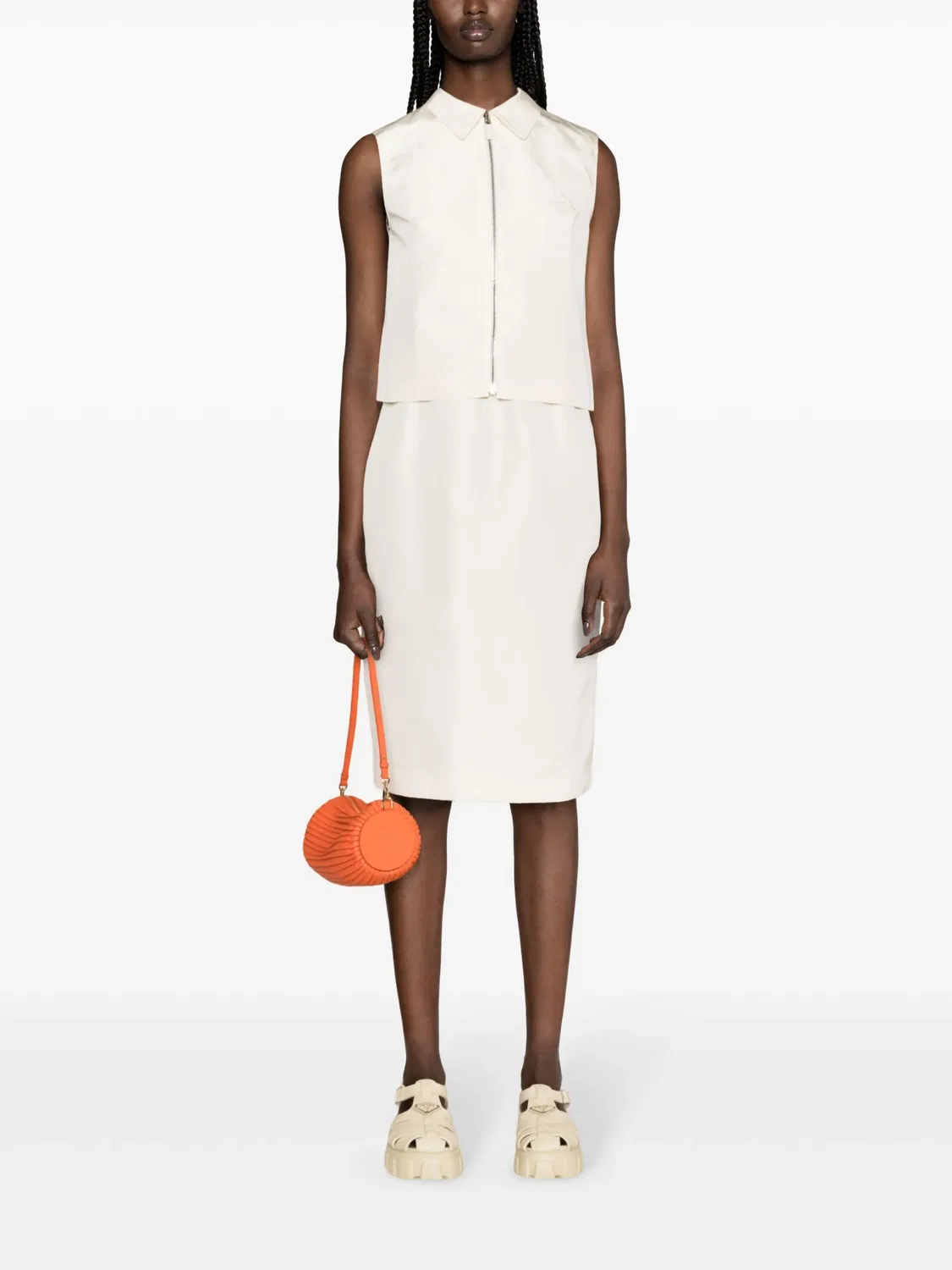 Прямая юбка с логотипом на пряжке Prada, слоновая кость — фото 3