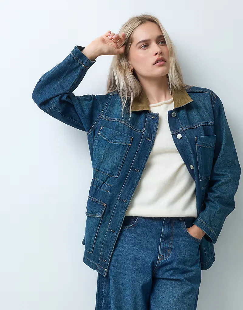 Джинсовая куртка GAP с зауженной талией и контрастным воротником, темно-синий