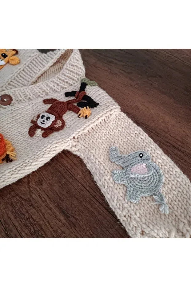 Детский кардиган с длинным рукавом Hand Knitted Forest Animals Figured Baby Kids Cardigan El Örgüsü, Beige — фото 4