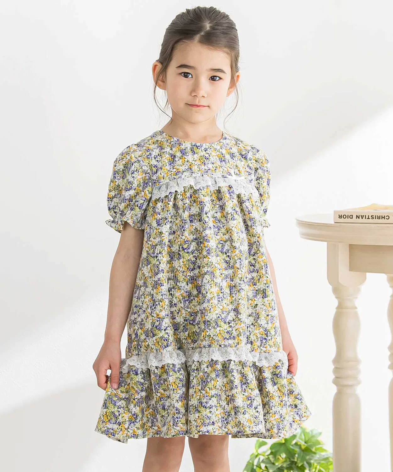 Детское платье с цветочным принтом и вышивкой, с коротким рукавом BeBe Petits Pois Vert, Purple