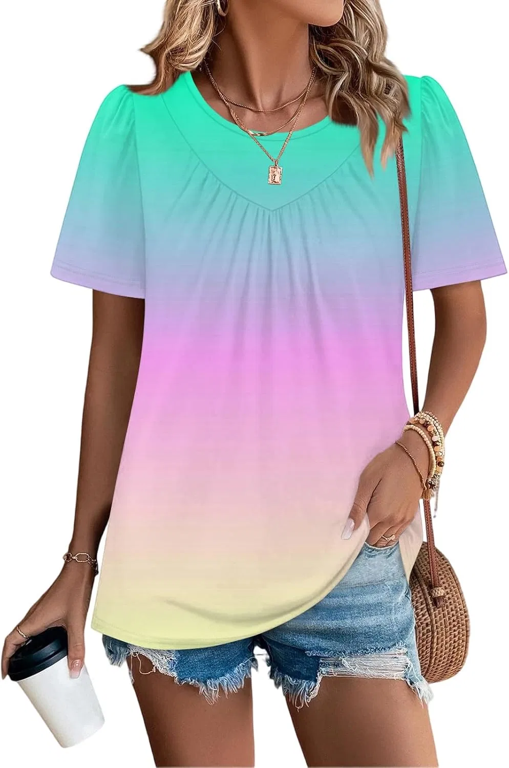 Женская футболка с плиссированным воротом Summer Tops, Cyan