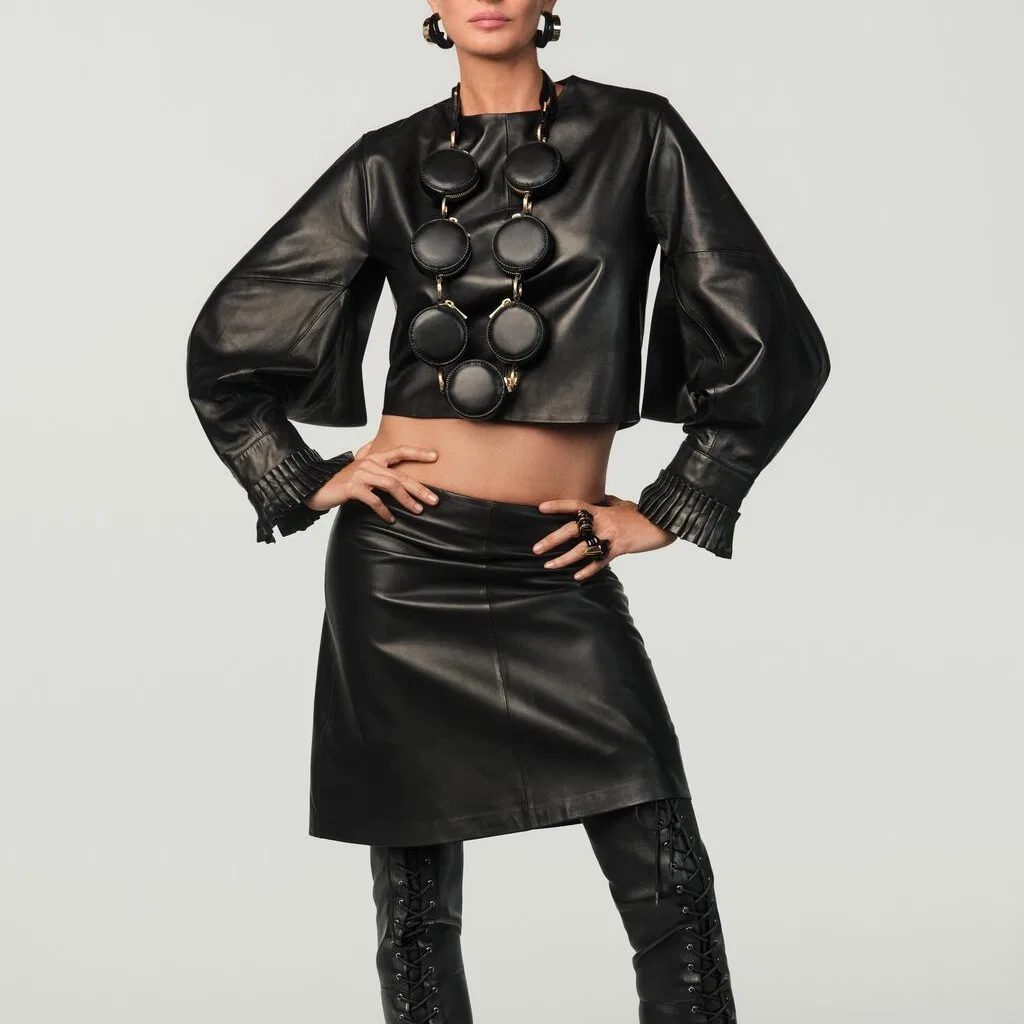 Женская юбка из кожи с моделью x Stefano Pilati, ZARA, Black — фото 4