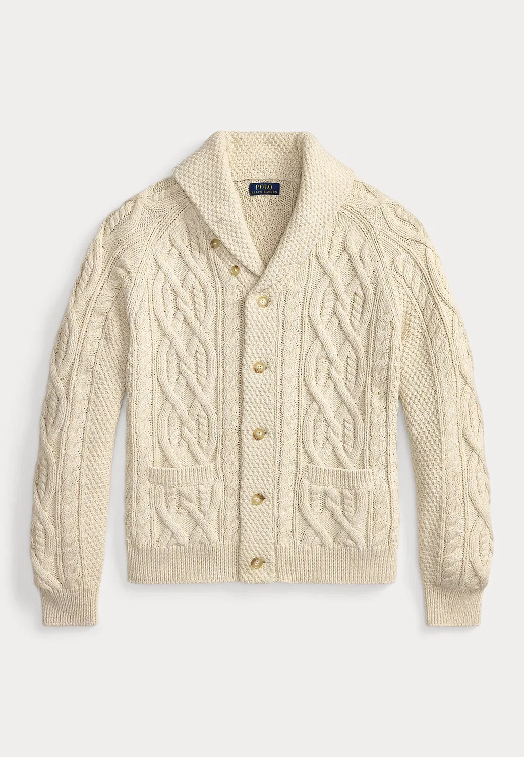Хлопковый кардиган-шаль арановой вязки - кардиган Polo Ralph Lauren, Oatmeal Combo — фото 4