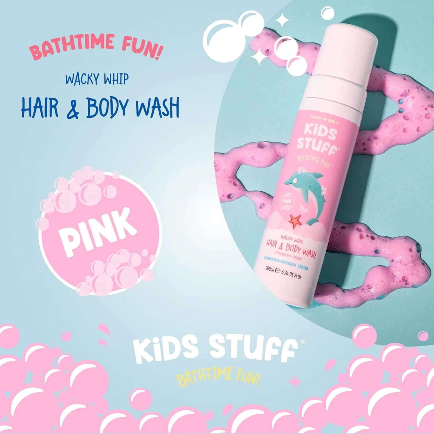 Пена для ванны и душа Kids Stuff Wacky Whip Strawberry Scented 200 мл, Pink — фото 3
