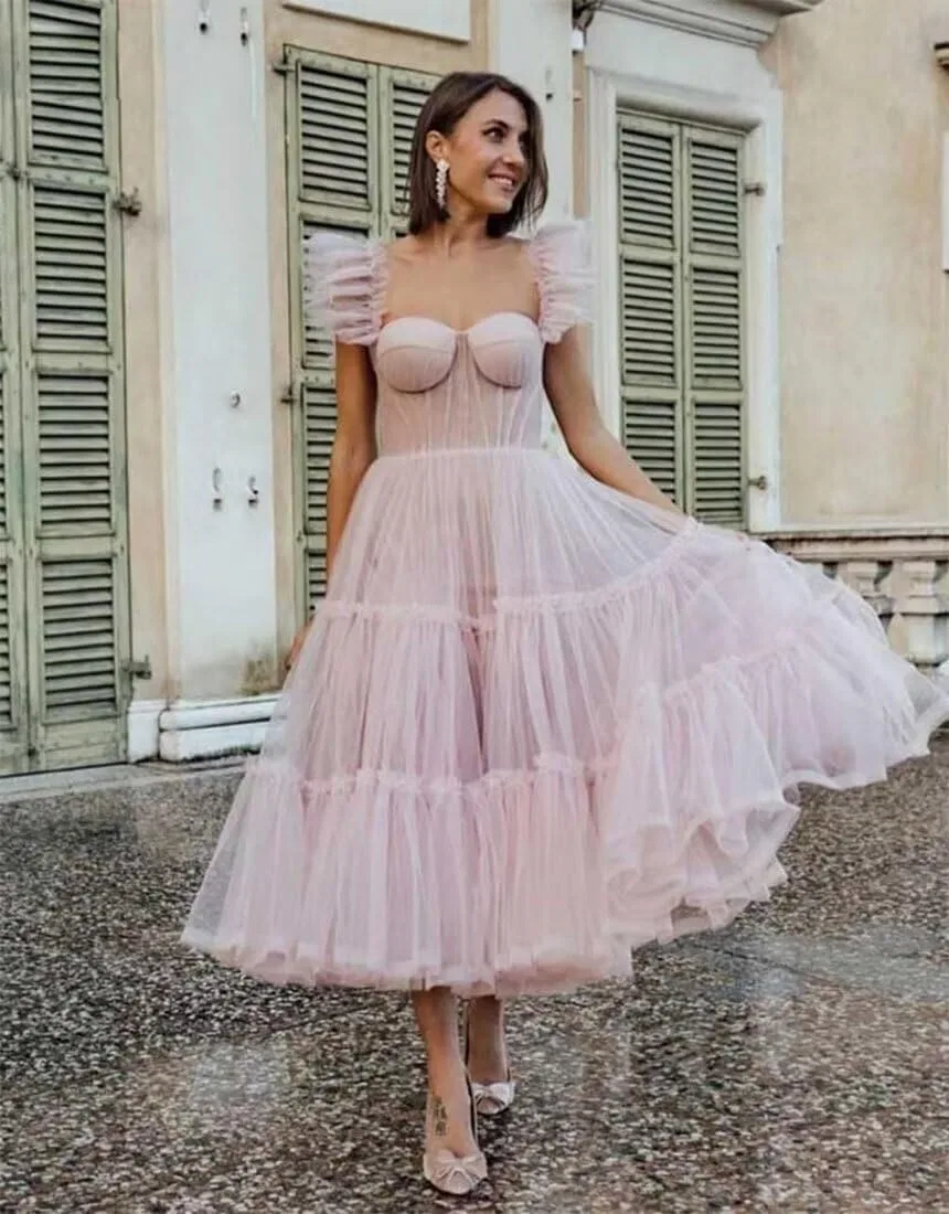 Женское вечернее платье A-силуэта из фатина Tea Length, Pink — фото 2