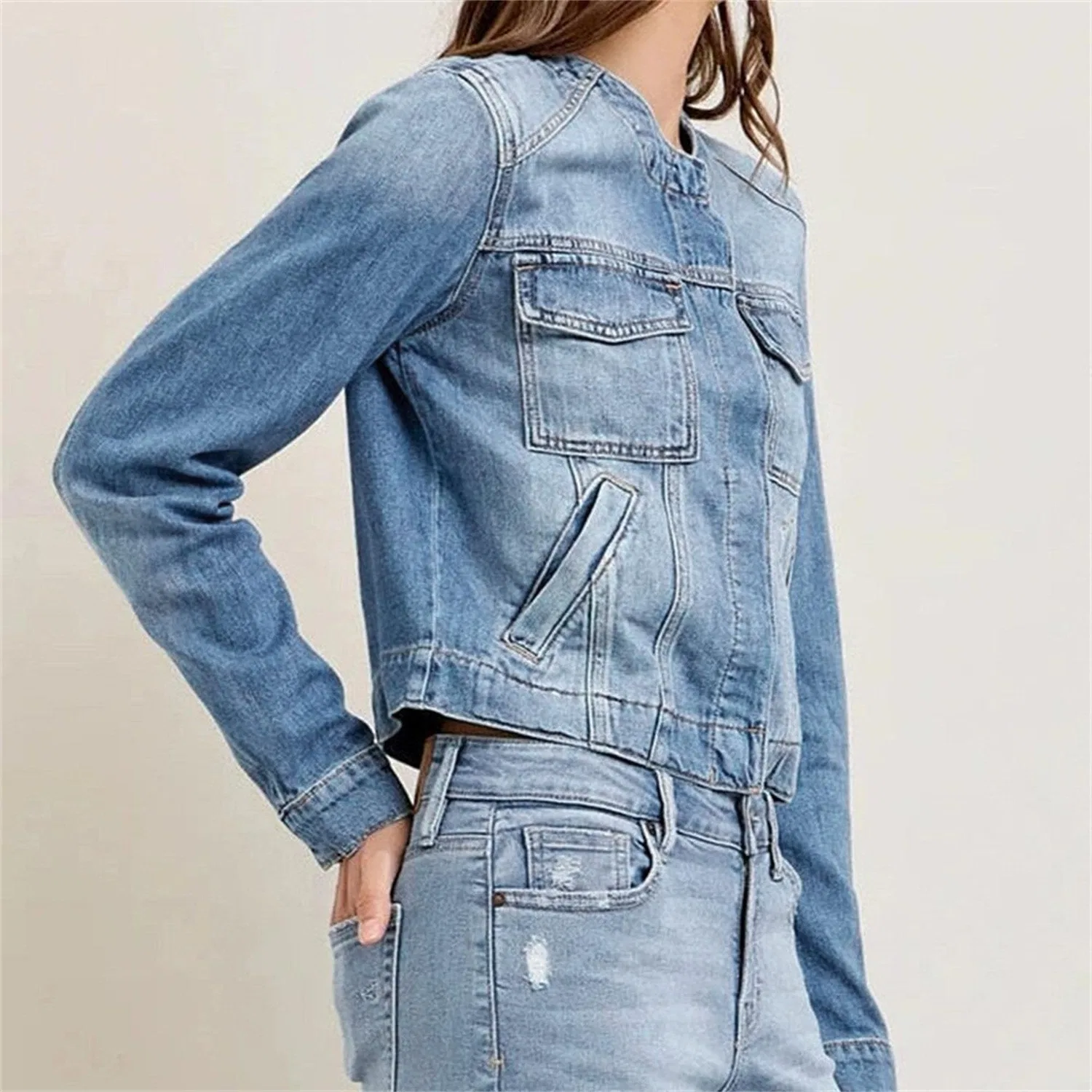 Женская джинсовая куртка без воротника с длинным рукавом Slim Fit, Blu — фото 2
