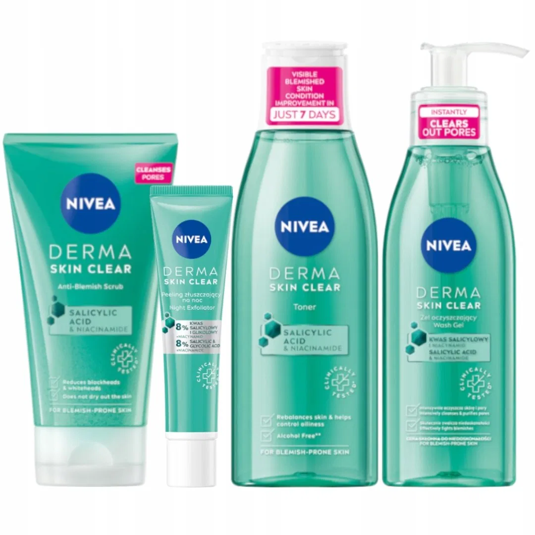 Набор косметики NIVEA Derma Skin Clear: очищающий гель, тоник, пилинг против несовершенств, ночной отшелушивающий пилинг