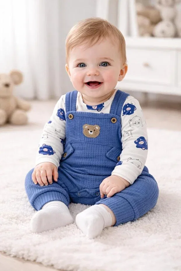 Детский комбинезон для мальчиков с принтом Bear patterned baby boy 3-piece romper set Arin Baby, Navy Blue
