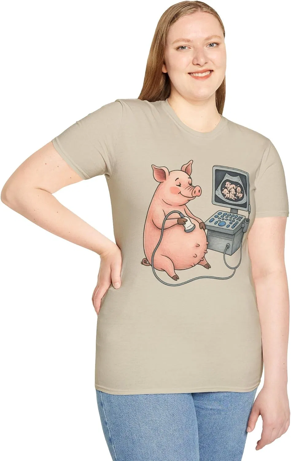 Женская футболка с принтом Pregnant Pig Ultrasound Shirt, песочный — фото 2