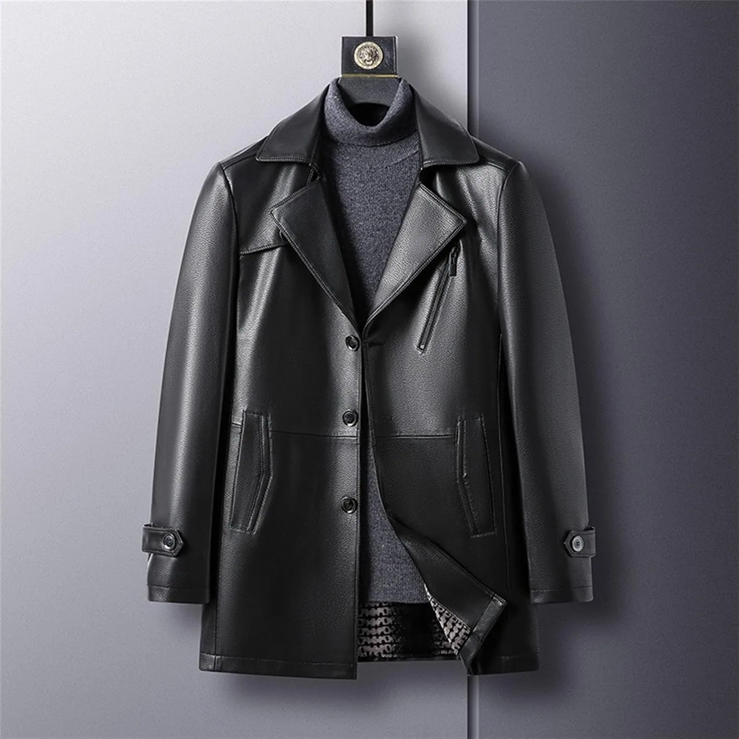 Мужское кожаное пальто-блейзер с лацканами, Slim Fit, чёрный — фото 4