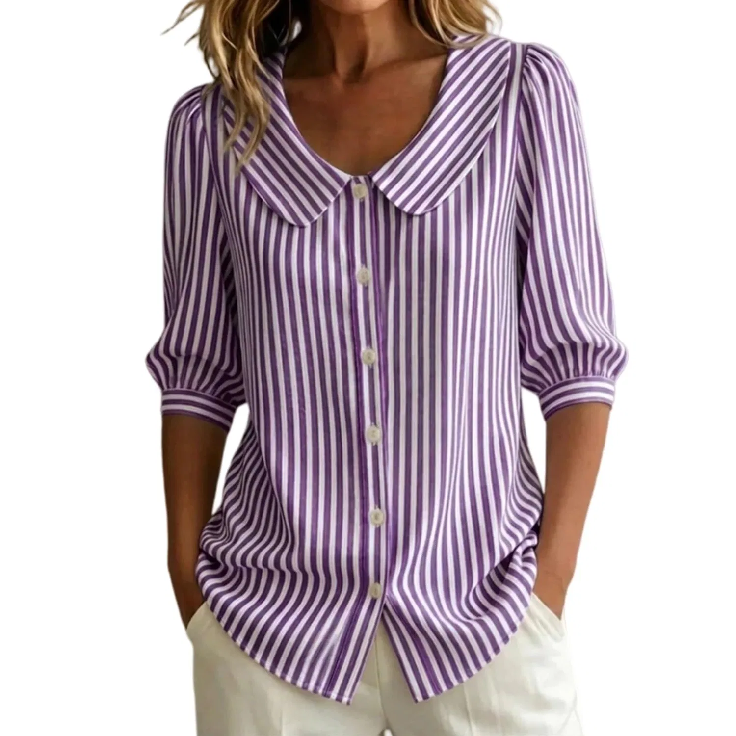 Женская блуза с коротким рукавом, Striped - Purple