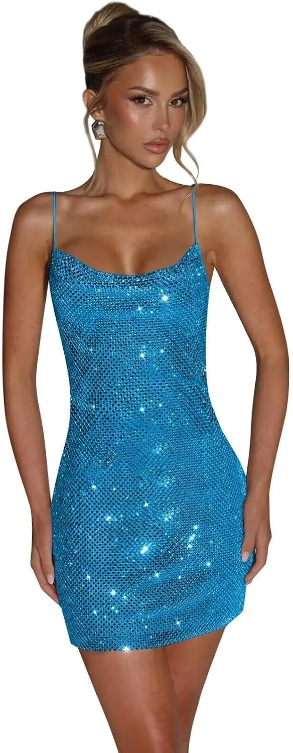 Женское короткое платье с пайетками с открытой спиной, Blue