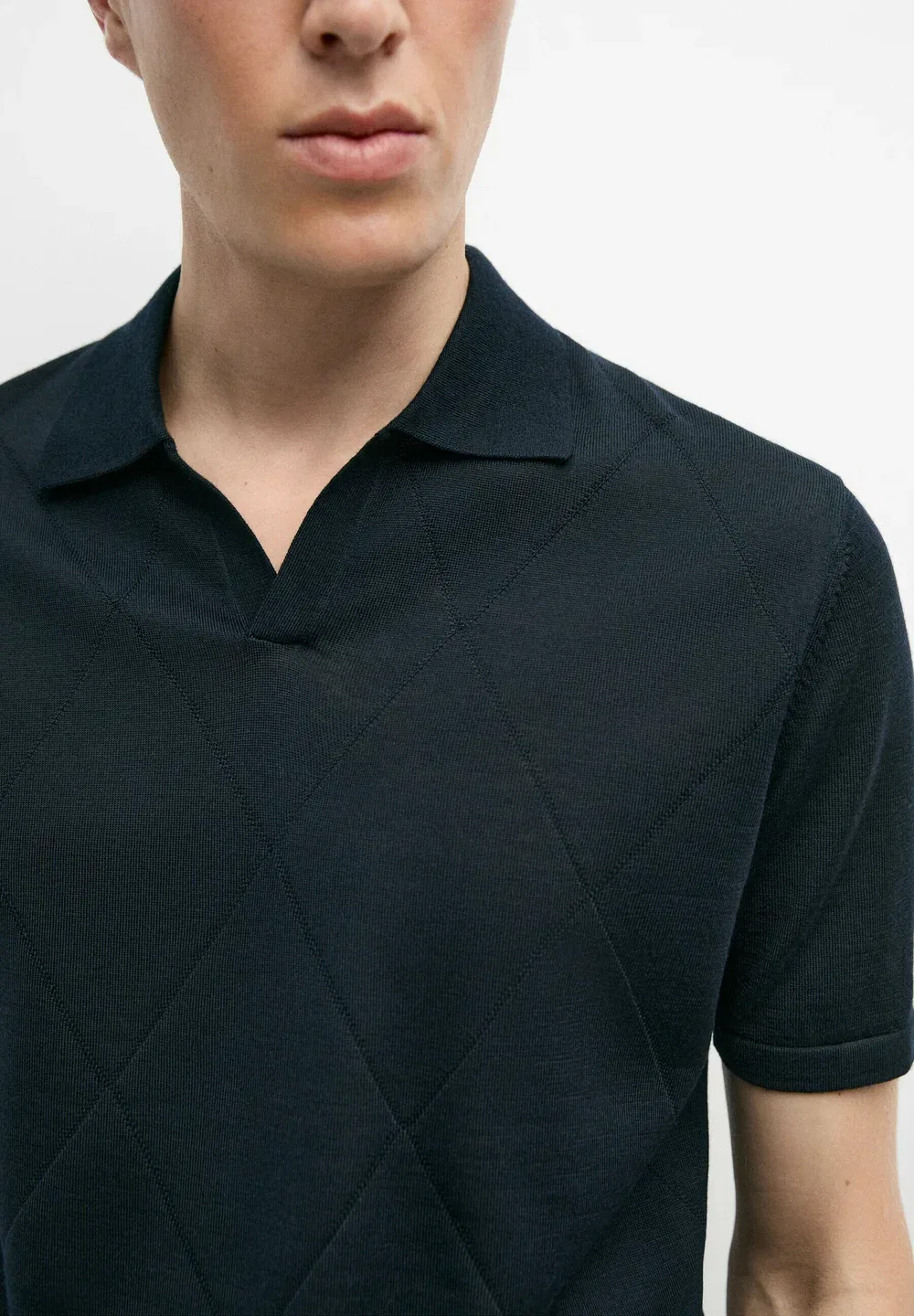 Вязаный поло-свитер с ромбовидным узором - рубашка поло Massimo Dutti, Dark Blue — фото 4