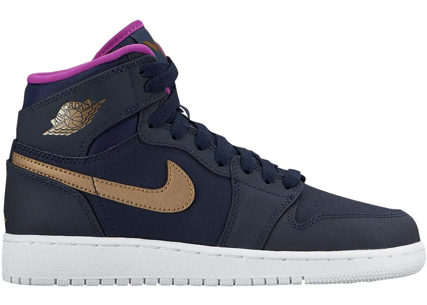 Детские кроссовки Lifestyle Jordan 1 Retro High Jordan, Obsidian/Metallic Gold-White-Vivid Purple