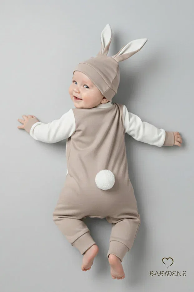 Детский комбинезон-боди с длинным рукавом с принтом Rabbit Ear Newborn Romper Set Babyden'S, Beige — фото 4