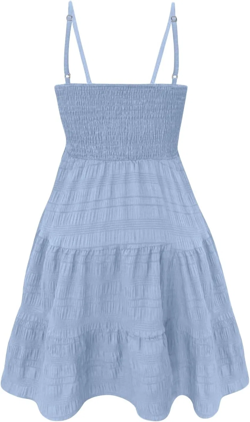 Летнее мини-платье на бретелях с воланами, F25-light Blue — фото 4