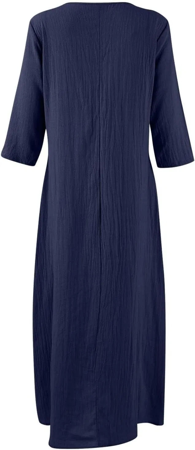 Женское летнее богемное платье макси с v-образным вырезом Cotton Linen, Navy — фото 3