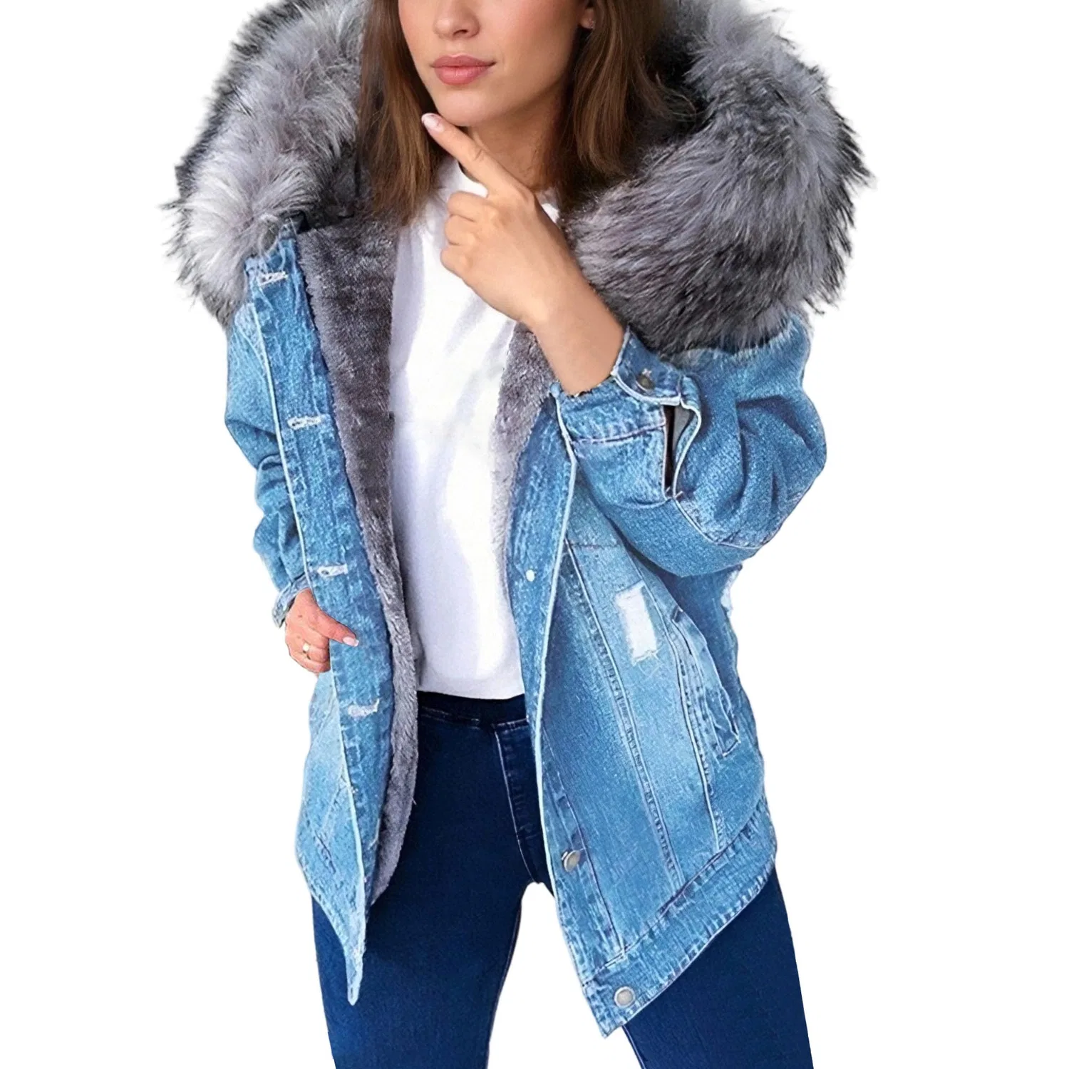 Женское джинсовое пальто с подкладкой из шерпы и капюшоном, Azzurro chiaro
