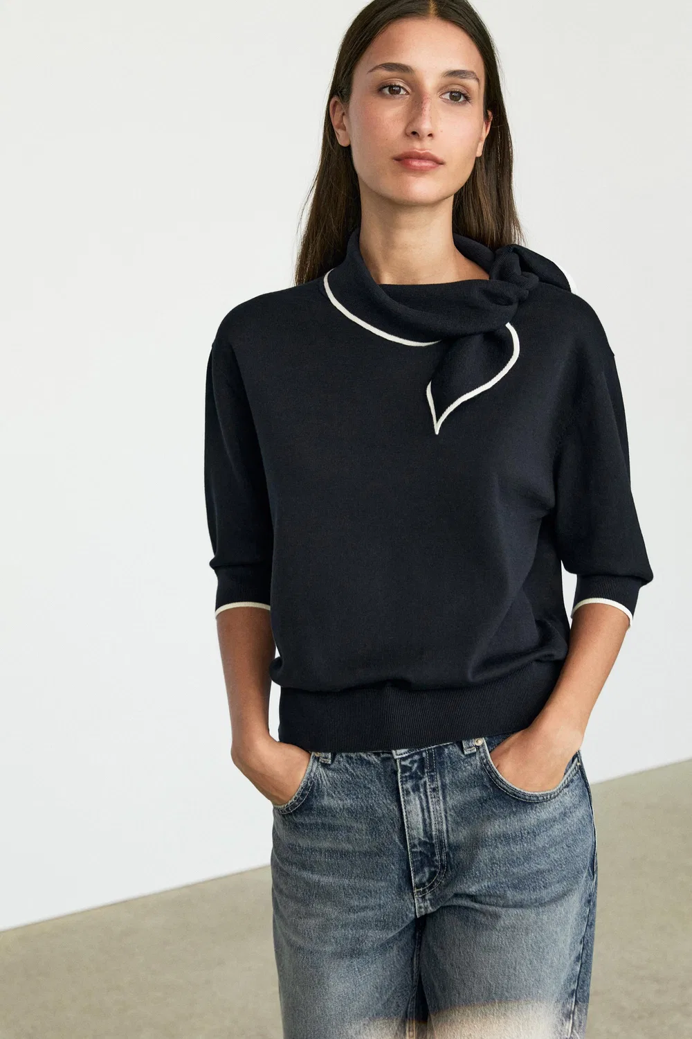 Свитер Massimo Dutti 100% Cotton Knit With Scarf Detail , темно-синий