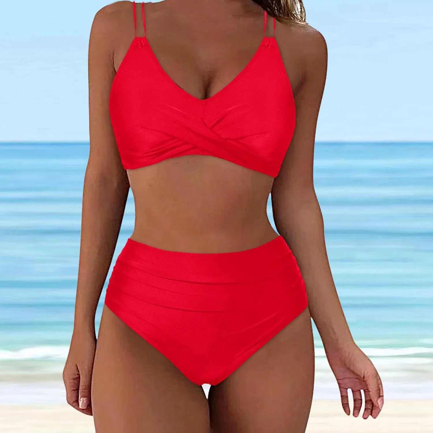 Женский бикини-комплект с высокой талией Crossover Top Ruched, Red — фото 4